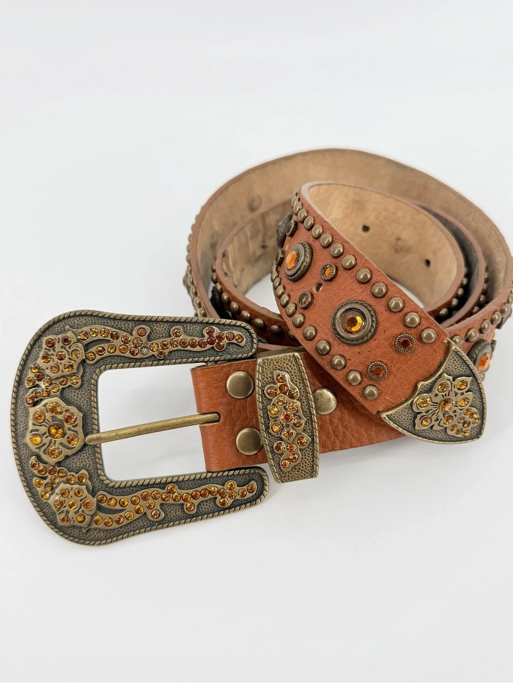 VTG Y2K Studded Western Women Belt XL Amber Accents Bronze 100% Italian Leather